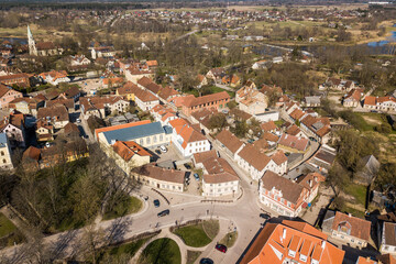 Fototapeta na wymiar Aerial view of old town in city Kuldiga and red roof tiles, Latvia