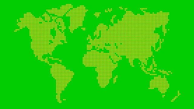 Animated orange world map from point pattern. Vector illustration isolated on a green background.