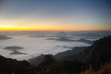 Sunrise and sea of mist, Top view, Doiphamon, ChiangRai, Thailand.