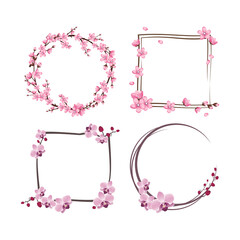 Set of frames with sakura and orchid flowers. Pink cute cherry wreaths. Festive decorations for wedding, holiday, postcard, poster and design. Vector illustration