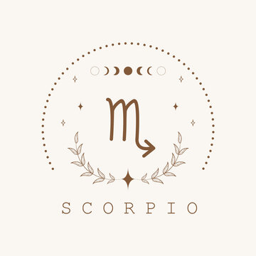 Scorpio. Zodiac sign in boho style. Astrological icon isolated on white background. Mystery and esoteric. Horoscope logo vector illustration. Spiritual tarot card.