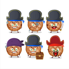 Cartoon character of round dark bread with various pirates emoticons
