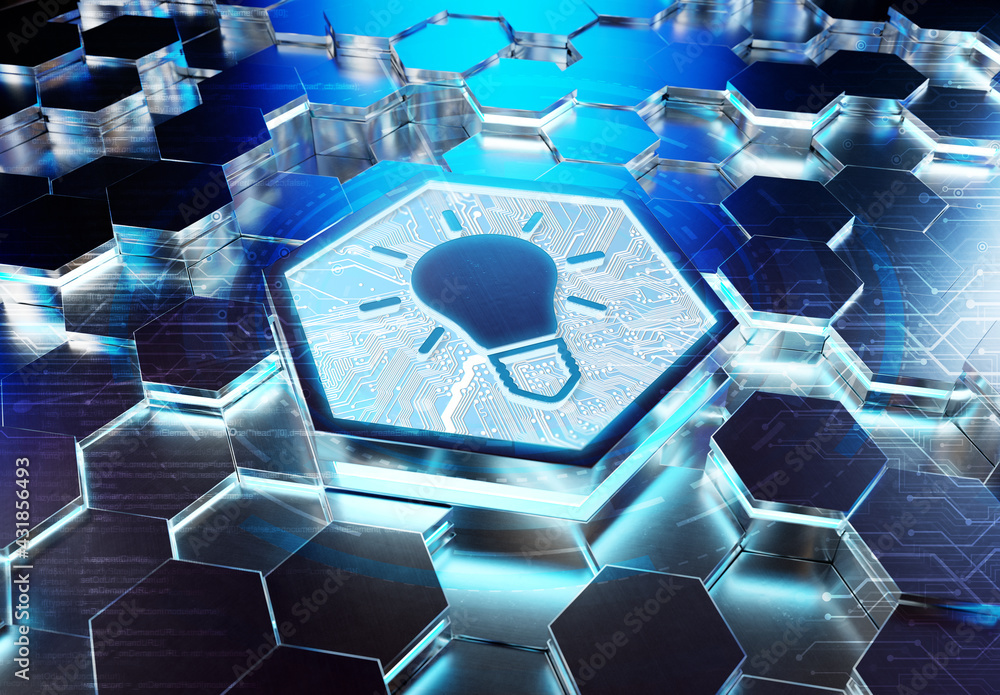 Aufkleber Lightbulb icon creativity concept engraved on metal hexagonal pedestral background. Innovation symbol glowing on abstract digital surface. 3d rendering