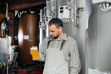 A young bearded brewer conducts quality control of freshly brewed beer in the brewery.