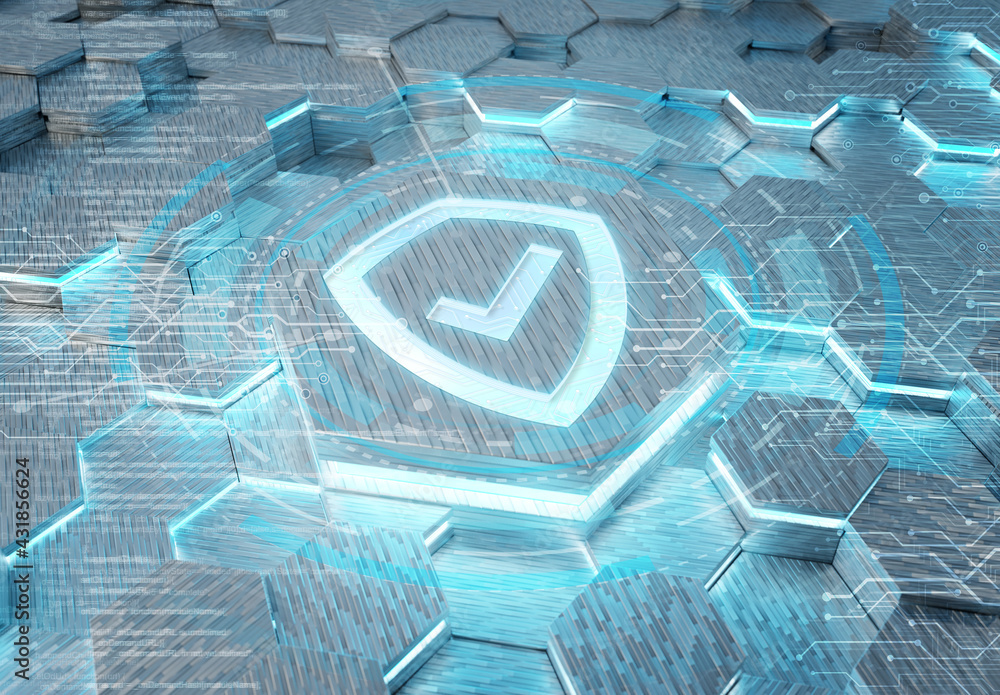 Poster Shield icon concept engraved on hexagonal pedestral background. Security Logo glowing on abstract digital surface. 3d rendering