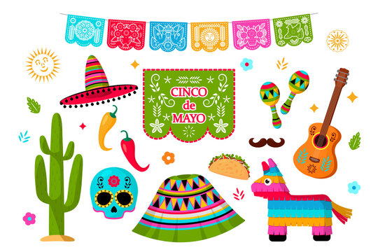 Celebration of Cinco de Mayo in Mexico, icons set, design element.Collection of icons for the Cinco de Mayo parade with pinata, food, sambrero, cactus, flag, skull, guitar.