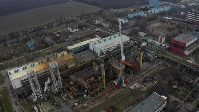 Chemical processing plant. Aerial view of Modern high-tech production. A giant chemical plant. A huge oil refinery with pipes and distillation of the complex. 