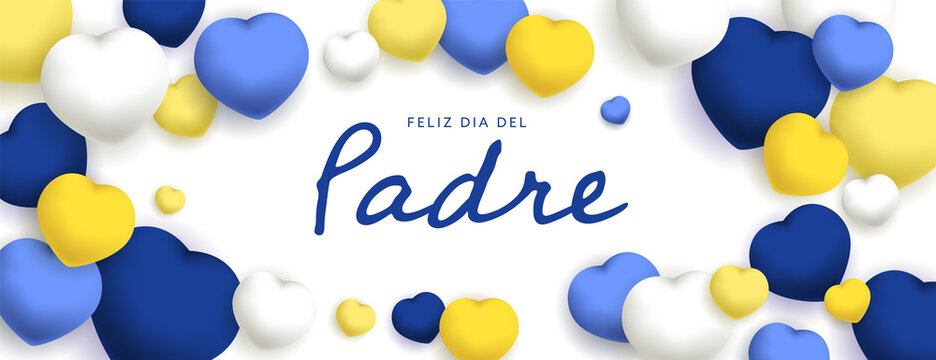 Feliz Dia Del Padre sous forme de carte ou bannière, poster ou flyer, avec des losanges et coeurs jaunes, bleus et blancs