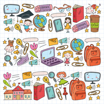 Cartoon icons with education items. Online lesson. E-learning.