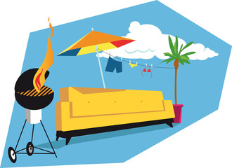 Fototapeta premium Yellow couch under an umbrella next to a barbeque, swimsuits hanged on a potted palm tree, EPS 8 vector illustration