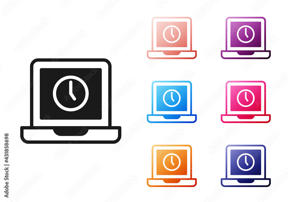 Poster black laptop time icon isolated on white background. computer notebook with empty screen sign. set i