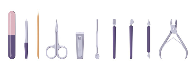 A set of tools for manicure and pedicure. Scissors, tweezers and nail files icons. Elements for beauty salon and hand and finger care at home