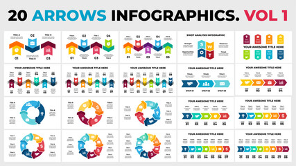 Fototapeta na wymiar Arrows Vector Infographic. Vol 1. Presentation slide template. Circle diagrams. Timelines with 3, 4, 5, 6, 7, 8 steps, parts, options. SWOT analysis. 