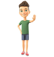 Cheerful guy cartoon character shows stop sign on white background. 3d render illustration.