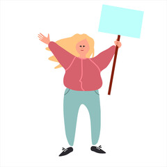 Female protester holding a placard. Vector illustration in flat style