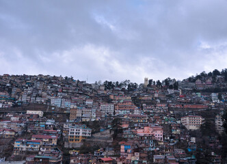 Fototapeta premium The beautiful panoramic landscape of Shimla situated in Himachal Pradesh. Natural beauty of Shimla Himachal Pradesh India.