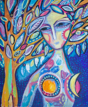 Woman witch in the crown of a mystical tree on a night background.