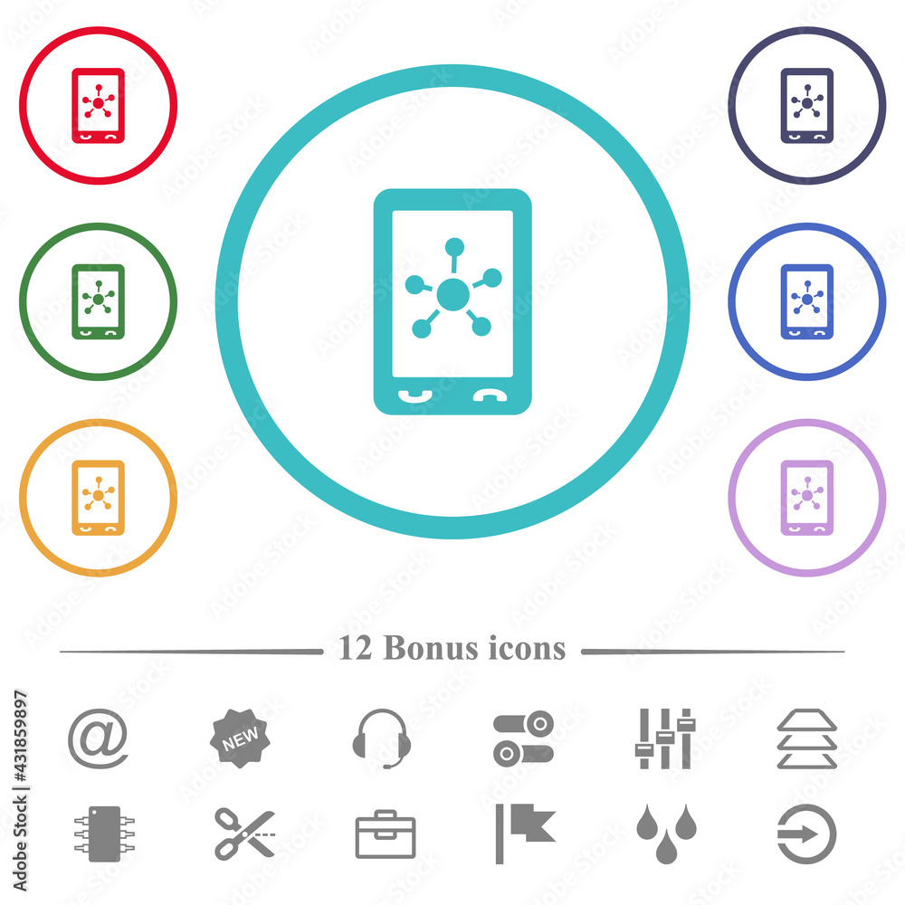 Poster mobile social networking flat color icons in circle shape outlines