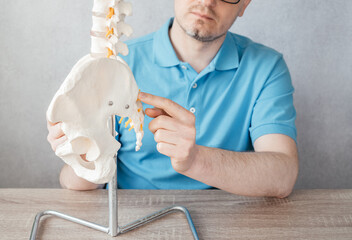 Close up of male doctor's hand pointing at anterior superior iliac spine ASIS on a skeleton spine model