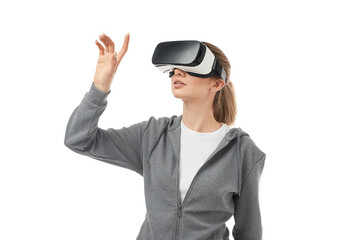 Woman in VR headset touching air