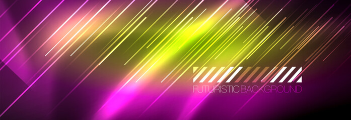 Neon glowing lines, magic energy and light motion background. Vector wallpaper template