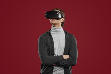Man in VR goggles exploring virtual world