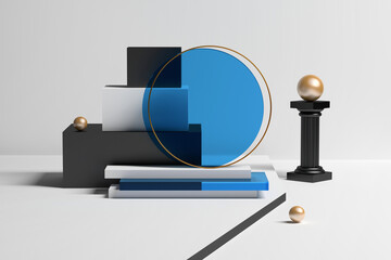 Geometric composition with stack of low poly shapes, glass circle and pillar with shiny sphere