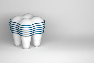 OnOne white tooth with abstract protective blue wires. Image with copy blank space