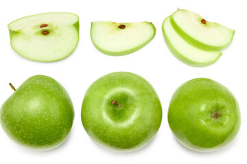green apple with slices isolated on a white background. top view. clipping path