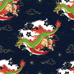 Seamless Art Japanese Repeat Pattern of Flying Dragon Going Down Through Curvy Cloud and Red Sun with Gold Wind Line on Water Wave Repeat Pattern Background Vector Design Wrapping Paper