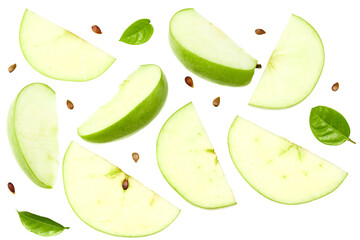 green apple with slices isolated on a white background. top view. clipping path