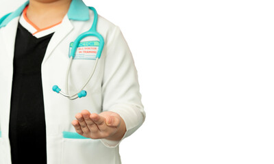 kid hand in white stethoscope  doctor coat bare palm side hand on screen isolated on white with copy space,selective focus