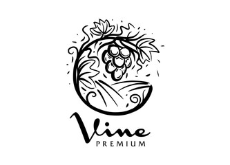 Vector logo drawn by hand. Landscape of vineyards for making wine