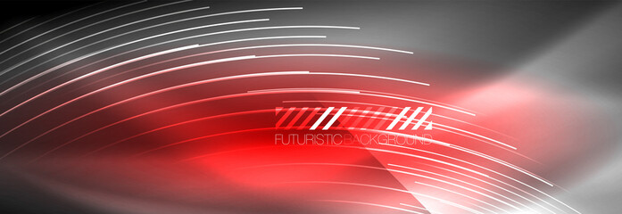 Neon glowing lines, magic energy and light motion background. Vector wallpaper template