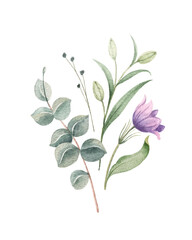 Watercolor vector bouquet of green branches and flowers.
