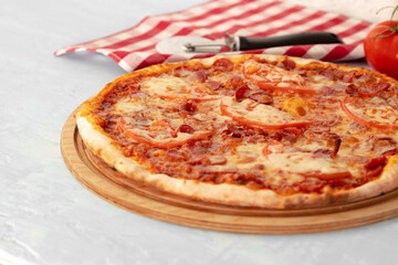 Freshly baked pizza on table close up