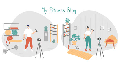 Fitness blog set. Trainer records videos for her followers. Remote workout concept. Sportswoman trains and records video on camera. Cartoon vector illustration