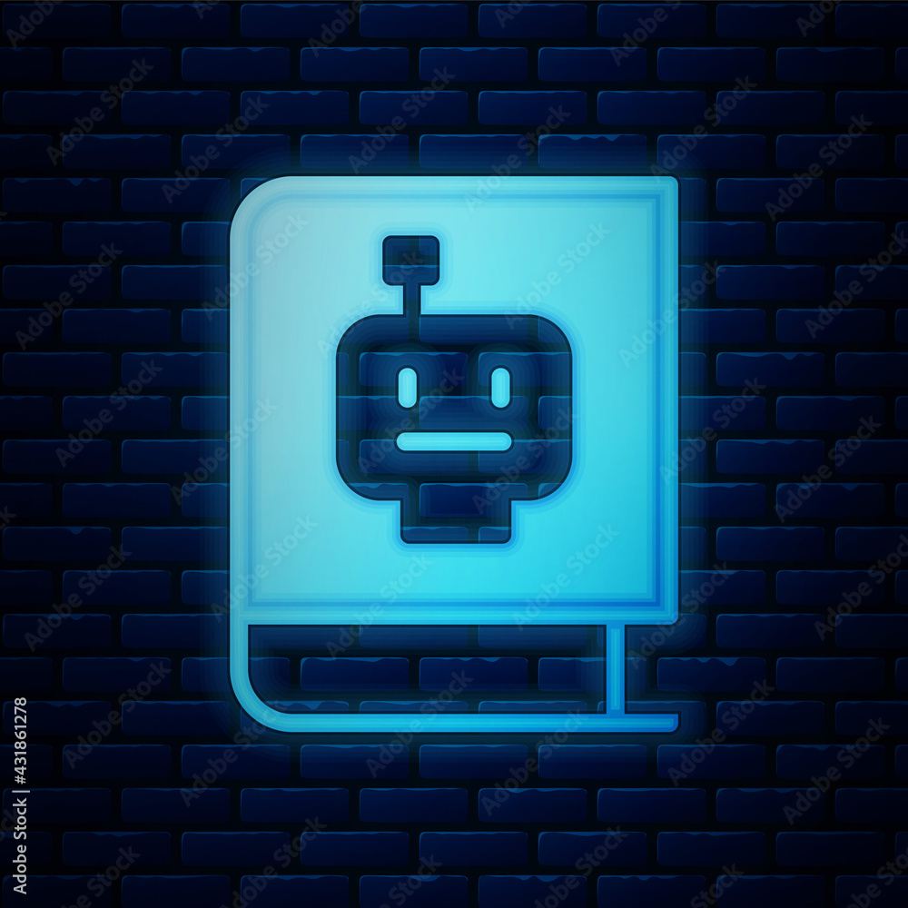 Poster glowing neon user manual icon isolated on brick wall background. user guide book. instruction sign. 