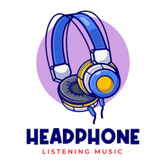 Headphone Mascot Cartoon Logo Template. Technology Headphone Gaming Editable Logo. Music and Hobby Concept Flat Cartoon Style