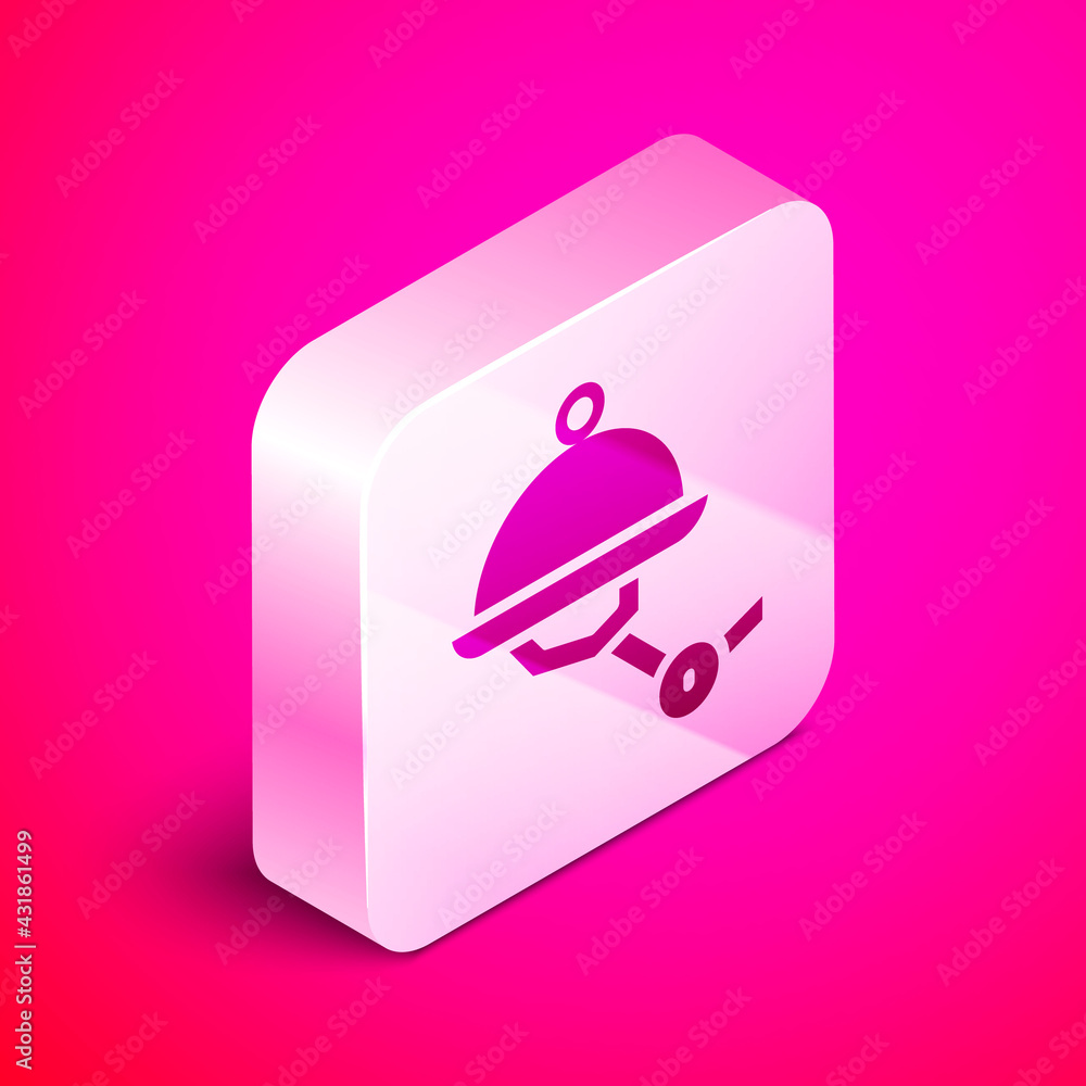 Poster isometric waiter robot with covered plate icon isolated on pink background. artificial intelligence,