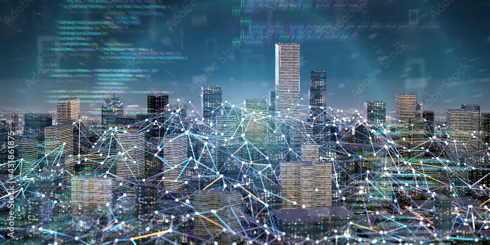 Poster smart city with network and communication connection - 3d rendering