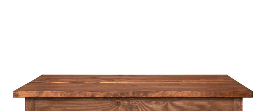 Wooden table or tabletop isolated on white. Dark brown table as template for ideas, high resolution long picture.