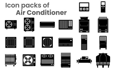 Vector Icon packs of Air conditioners various type as symbol-block-line-outline. Various objects of air conditioners-condensing fan coil indoor-outdoor unit ceiling mount wall mount and remote control