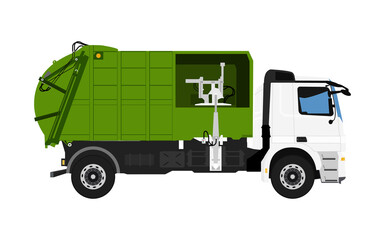 Garbage truck isolated on white background. Vehicle for waste collection.