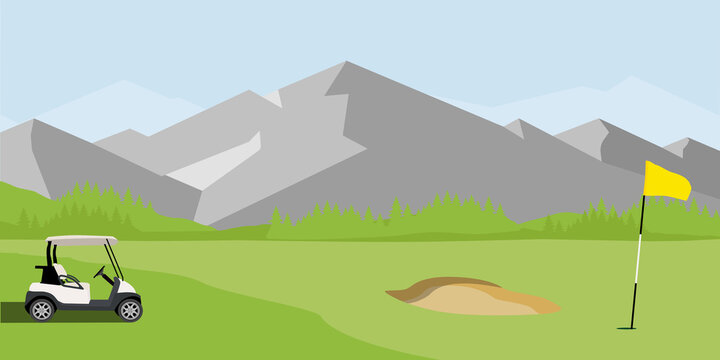 Vector illustration of golf field, flag and cart with blue clubs bag. Mountain landscape or background. Golf course.