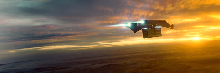 science fiction transporter at sunset mood