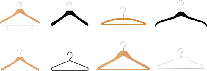 Wooden, plastic and metal wire coat hangers, clothes hanger on a white background - 431862495