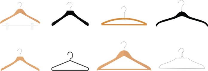Fotobehang Wooden, plastic and metal wire coat hangers, clothes hanger on a white background © viktorijareut