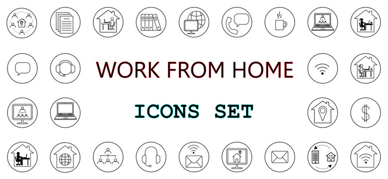 Work from home, freelance icons set. Collection of simple web icons such as work at home, distant work, remote work, freelance, webinar, online video conferencing, online job. Editable vector stroke