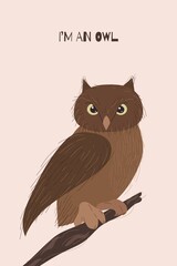 Postcard with an owl in a hand-drawn style. Vector illustration.